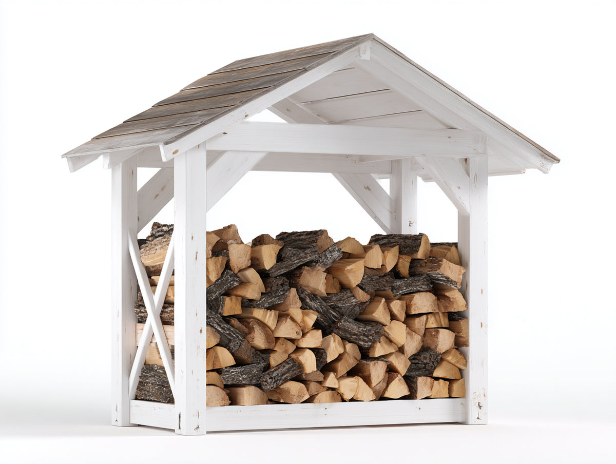 Leñero de exterior de madera 150 x 80 x 160 cm - Blanco y marrón natural - Techo a dos aguas para almacenamiento de leña
