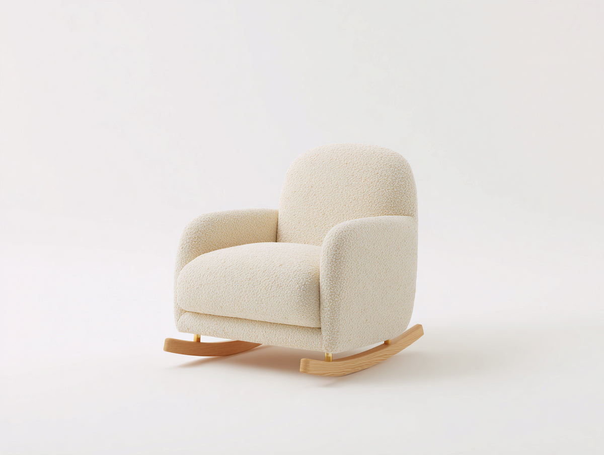 Mecedora tapizada en tejido bouclé 82x88x92 cm - Beige y natural - Asiento acolchado y patines de madera