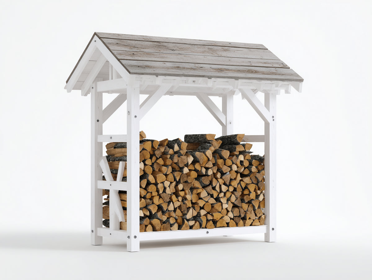 Leñero de exterior de madera 160 x 75 x 165 cm - blanco y madera natural - con tejado a dos aguas