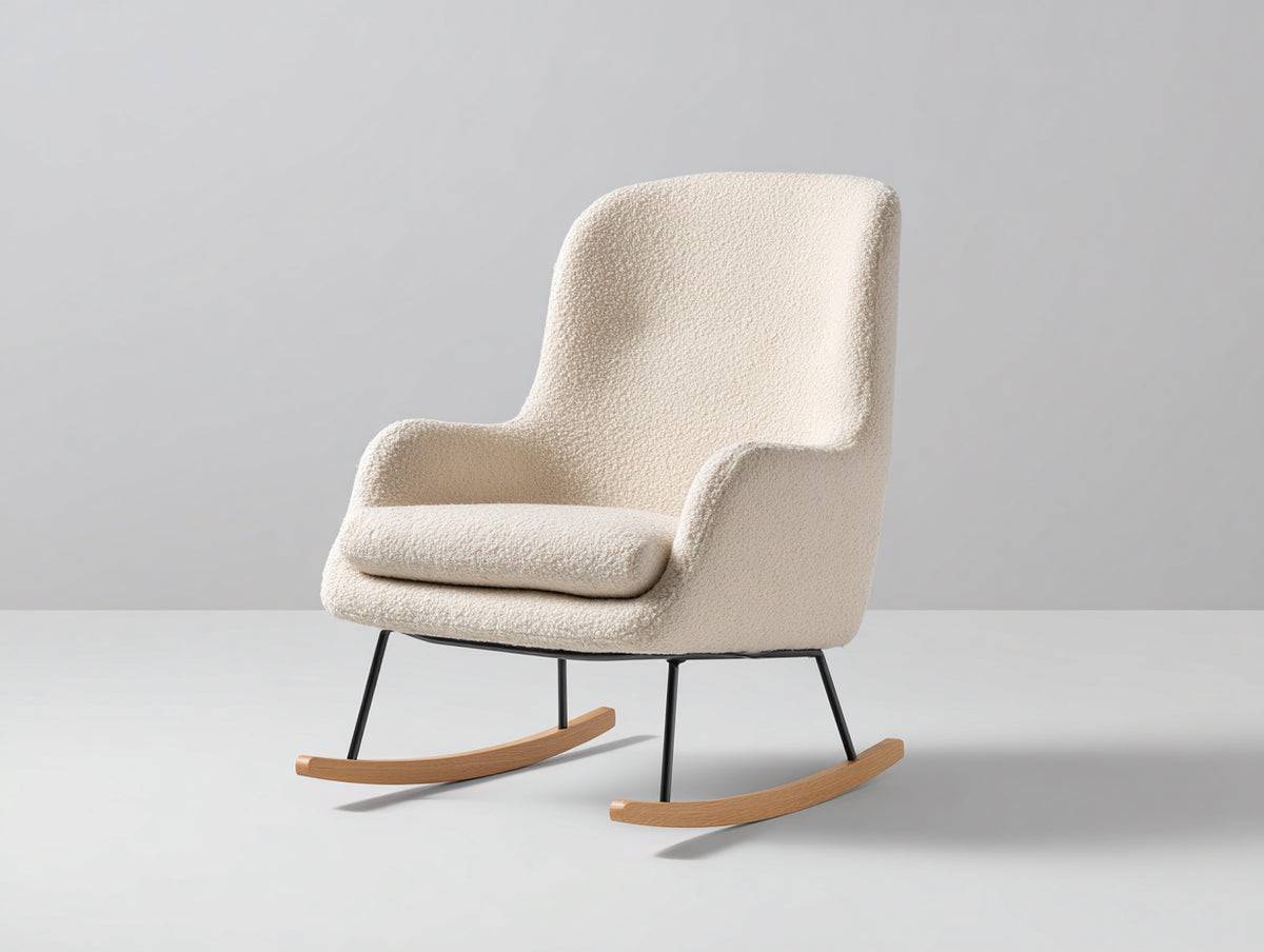 Mecedoras tapizadas 80 x 90 x 105 cm - Blanco crema negro y madera natural - Respaldo alto con base curva de balanceo