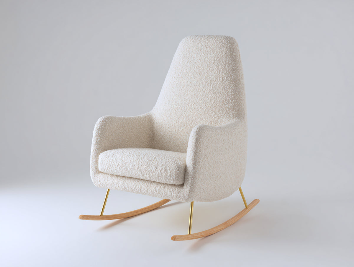 Mecedoras tapizadas 78 x 92 x 108 cm - Blanco crema y madera natural - Respaldo alto con base curva de balanceo