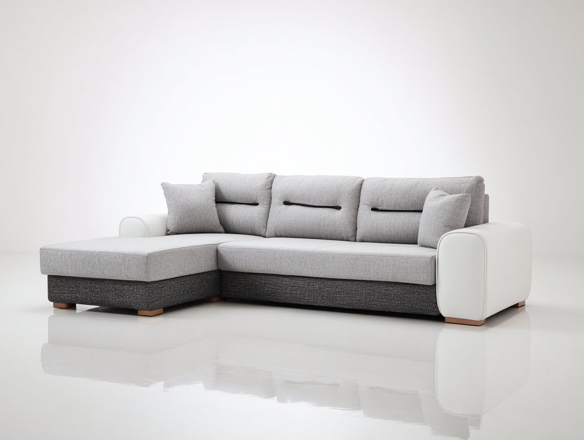 Sofás de esquina tapizado en tejido 275x170x88 cm - Gris claro gris oscuro blanco y natural - Diseño con chaise longue y respaldo acolchado