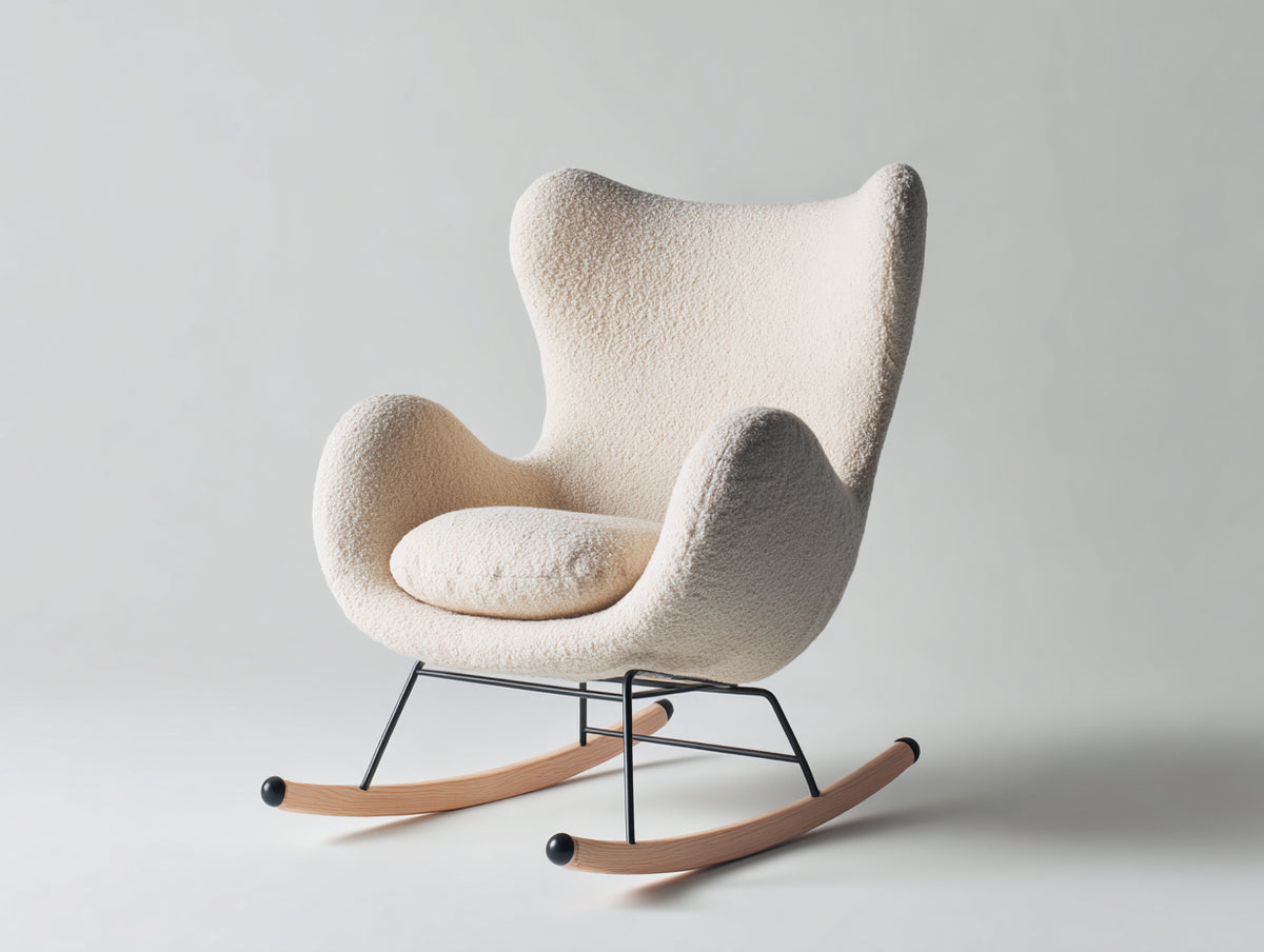 Mecedora tapizada en tejido bouclé 78x90x98 cm - Beige negro y natural - Respaldo alto y base de madera