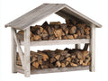 Leñero de exterior de madera 150x65x150 cm - blanco envejecido y madera natural - techo a dos aguas con almacenamiento en 2 niveles