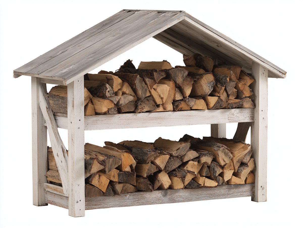 Leñero de exterior de madera 150x65x150 cm - blanco envejecido y madera natural - techo a dos aguas con almacenamiento en 2 niveles