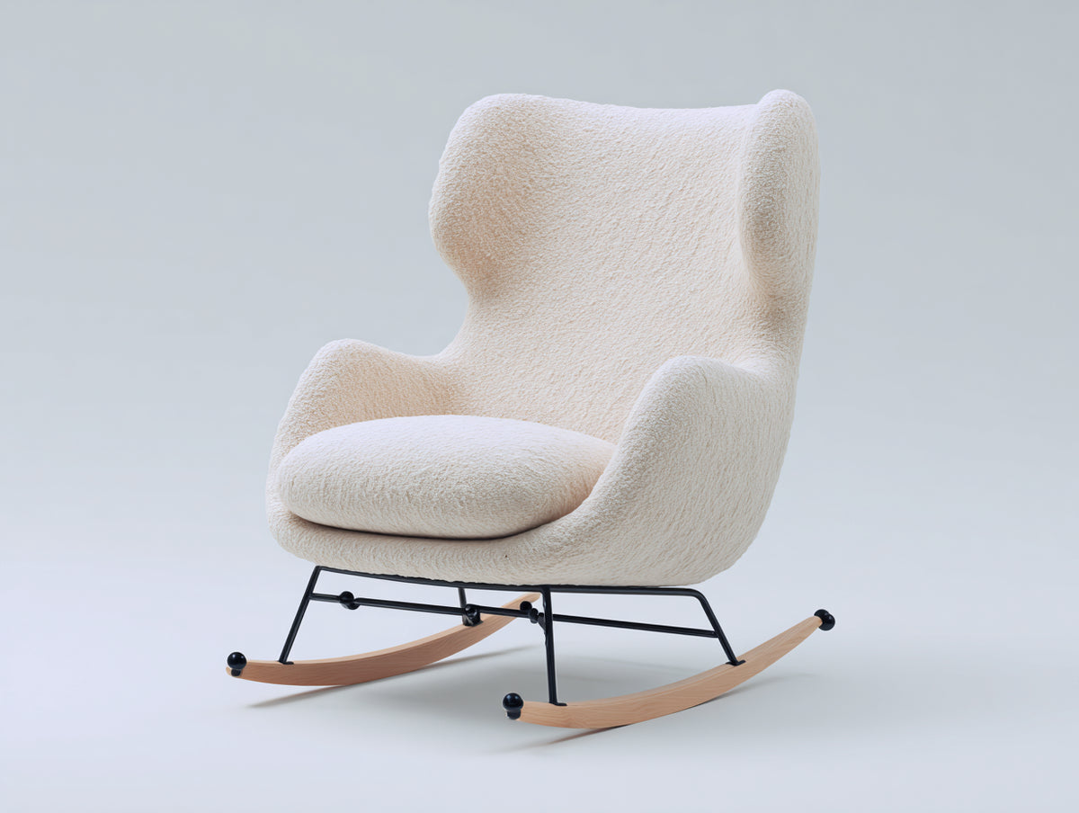 Mecedoras tapizada en tejido bouclé 80 x 94 x 106 cm - crema - respaldo alto y patines de madera