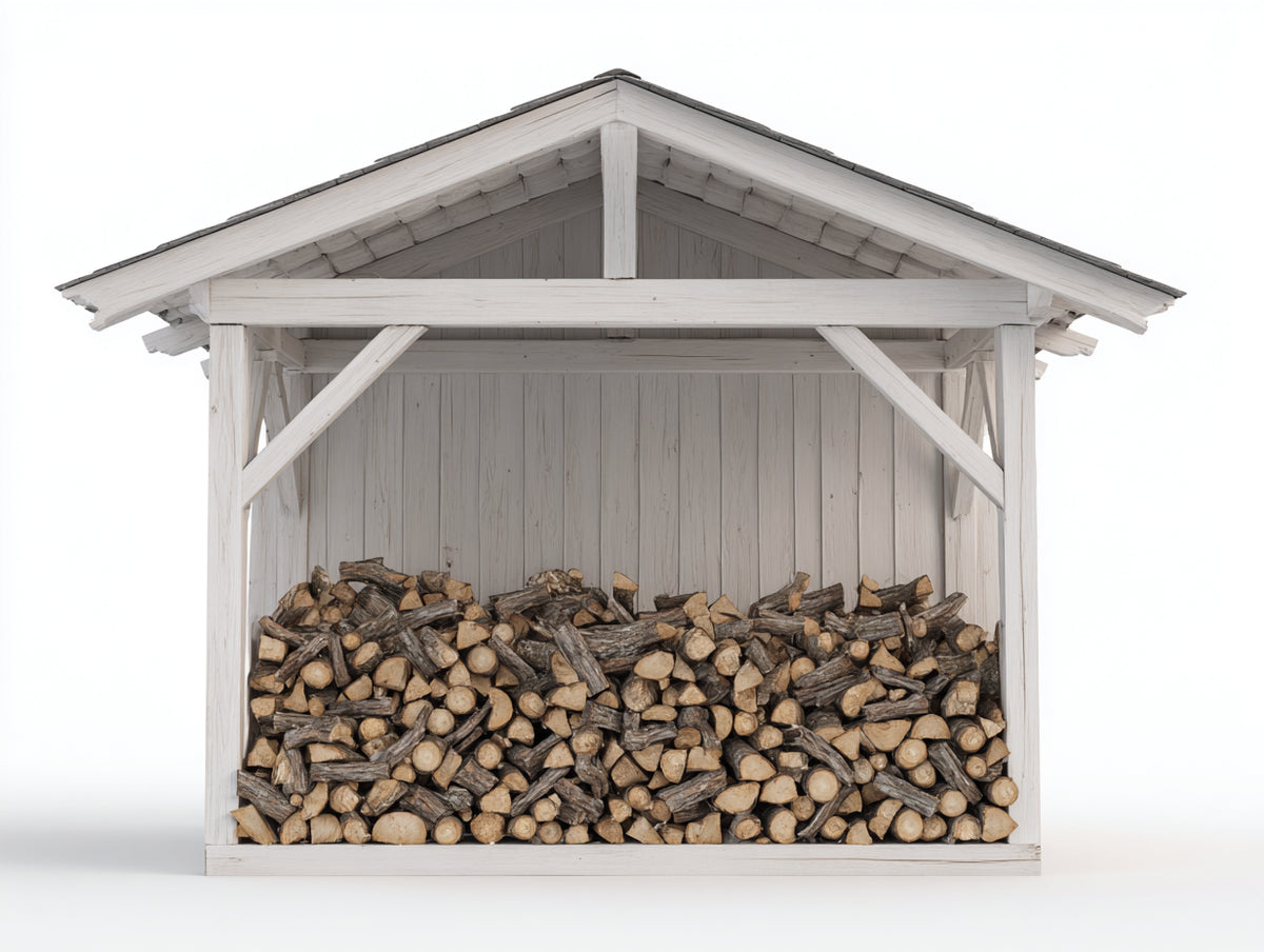 Leñero de exterior de madera 220 x 90 x 200 cm - blanco y gris - con tejado a dos aguas y frontal abierto