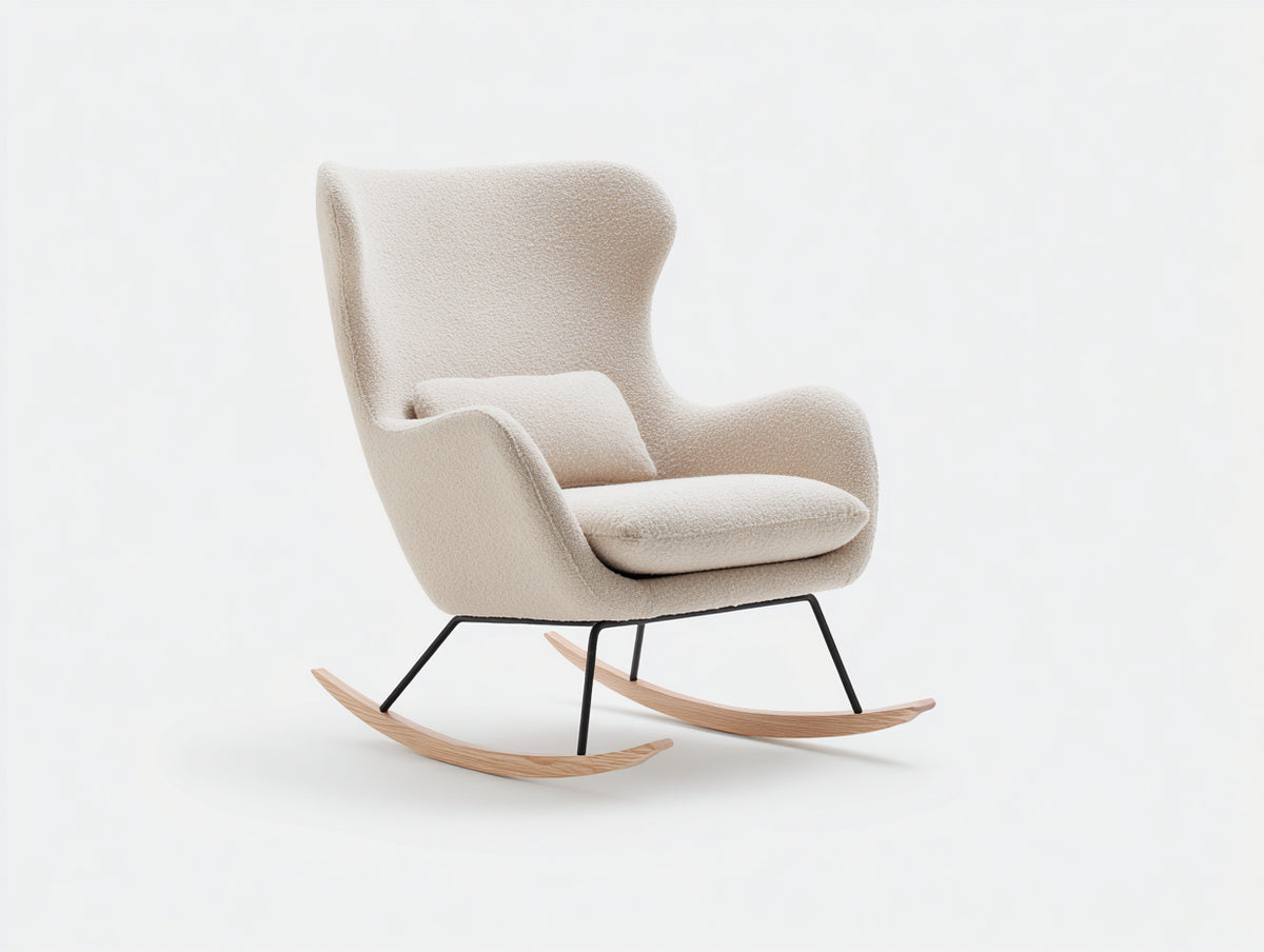 Mecedoras tapizada en tejido bouclé 78x92x105 cm - blanco crema - base de madera curvada