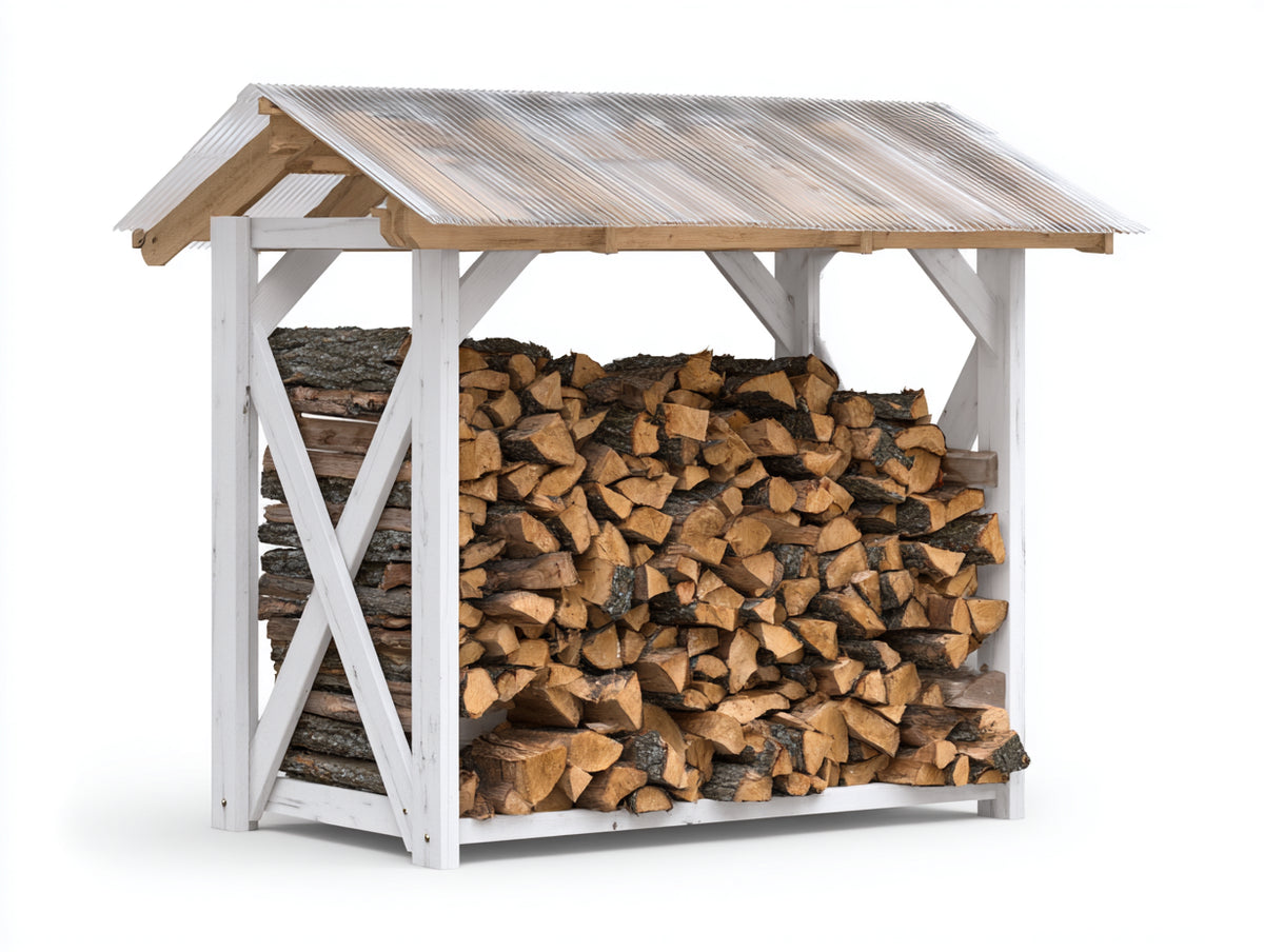 Leñero de exterior de madera 180x75x165 cm - Blanco y natural - Techo inclinado para almacenamiento