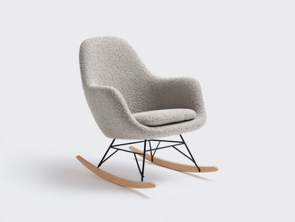 Mecedora tapizada en tejido bouclé 76x90x94 cm - Gris negro y natural - Respaldo alto y patines de madera