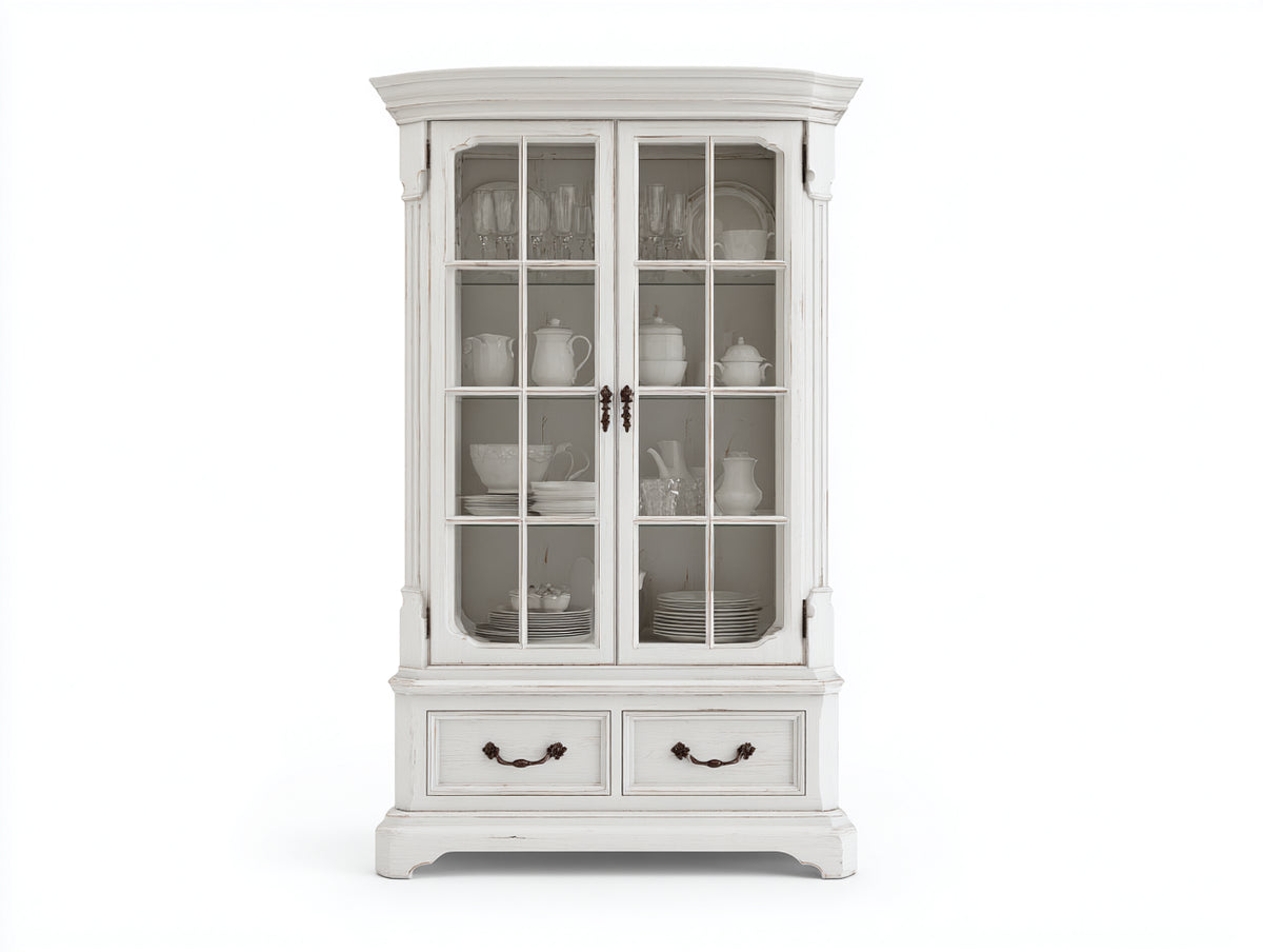 Vitrina de madera y vidrio 105 x 45 x 190 cm - blanco envejecido - 2 puertas y 2 cajones