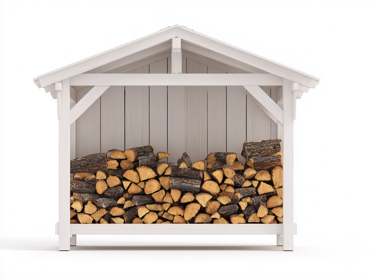 Leñero de exterior de madera 190x75x175 cm - blanco - con techo a dos aguas