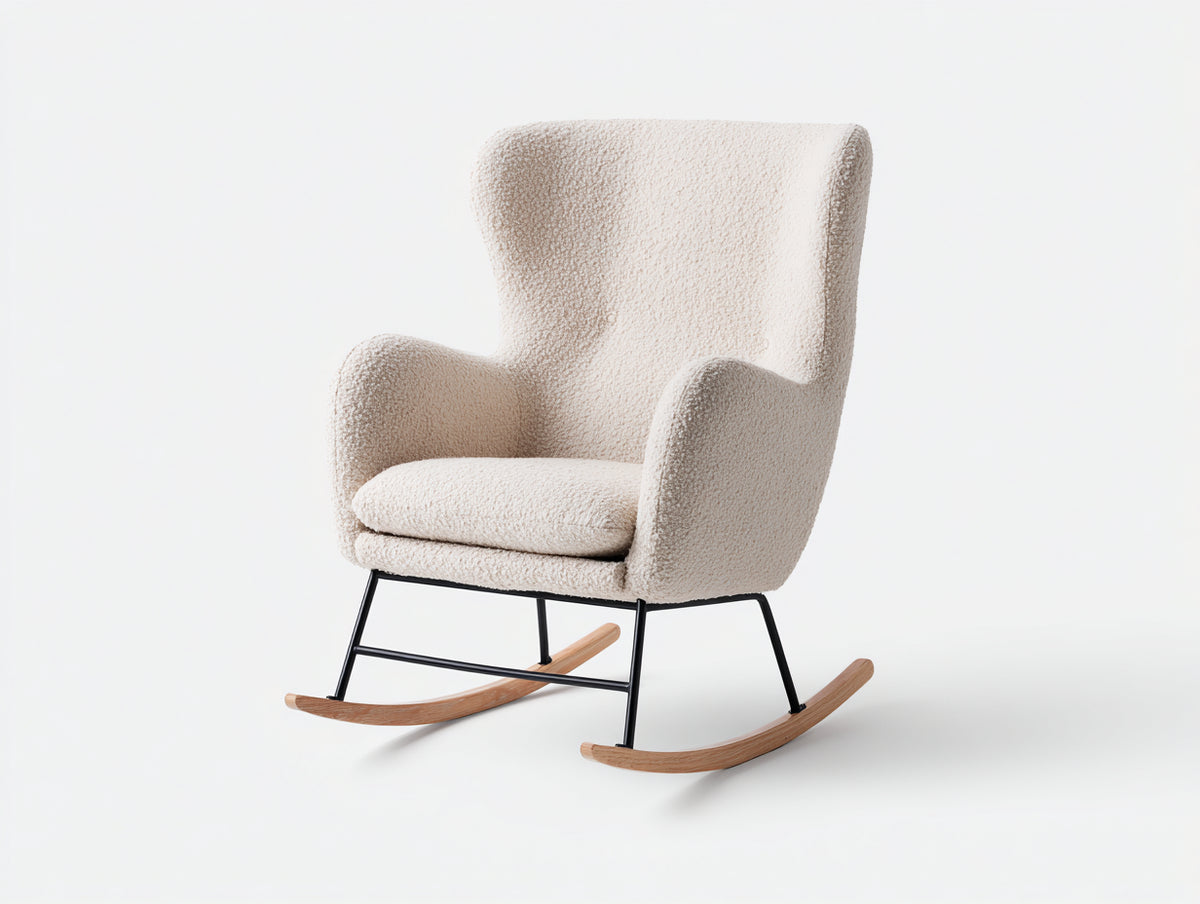 Mecedoras tapizada en tejido bouclé 78 x 92 x 105 cm - crema - respaldo alto y base de madera