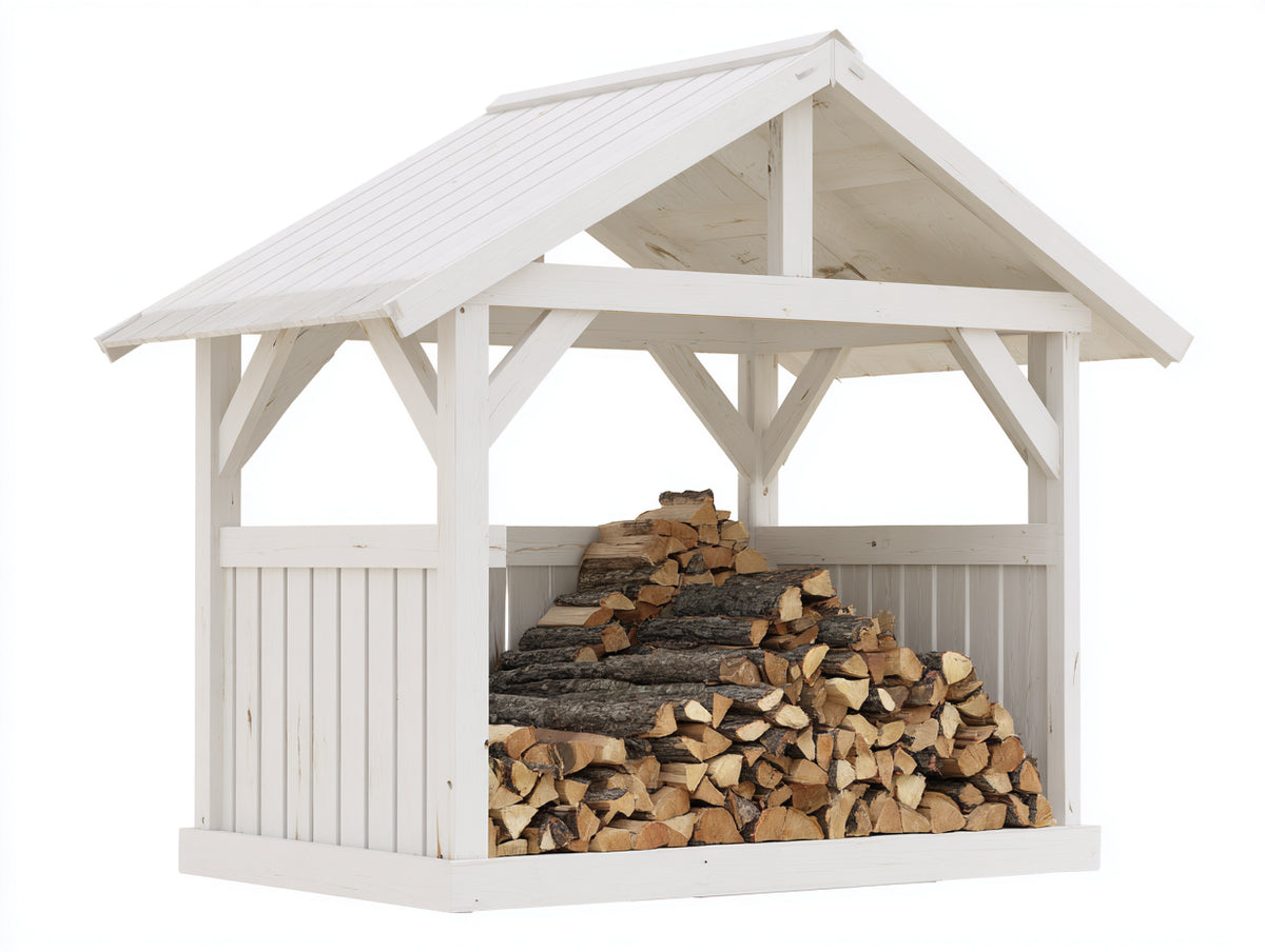Leñero de exterior de madera 180x120x185 cm - blanco - con techo a dos aguas