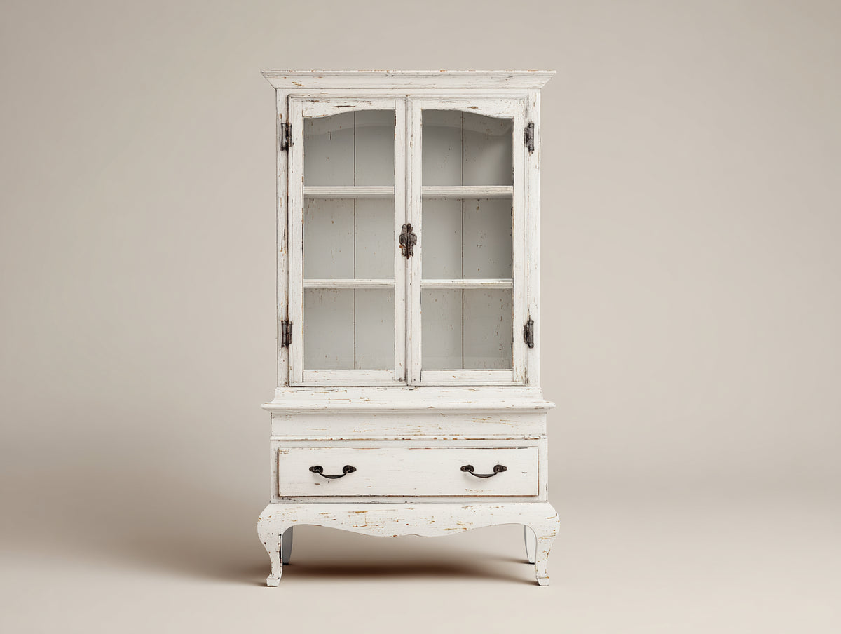 Vitrina de madera 86 x 42 x 172 cm - blanco envejecido - 2 puertas acristaladas y 1 cajón