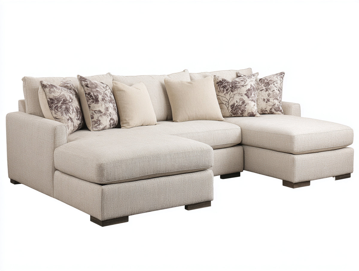 Sofás de esquina tapizado 285 x 190 x 88 cm - Beige y madera oscura - Diseño envolvente con doble zona de descanso